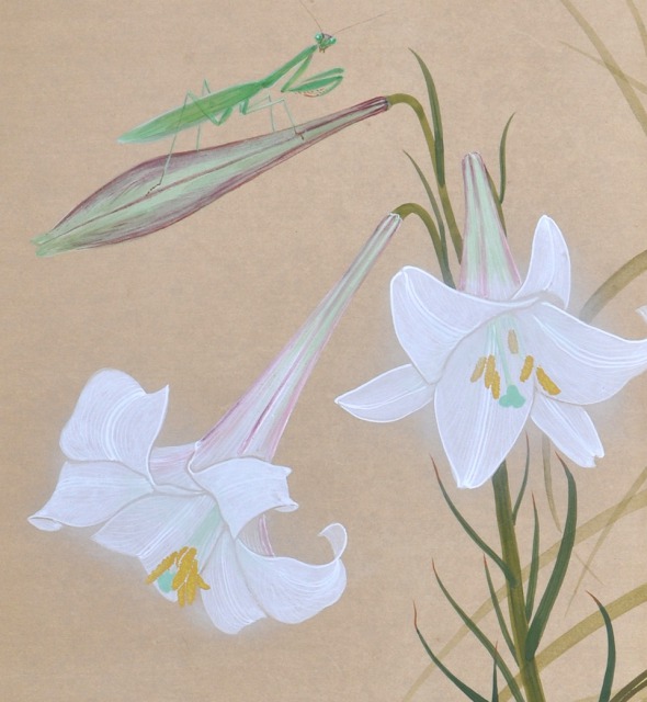 白いユリの日本画 シルバーフレーム付き 百合 日本画